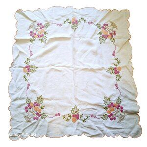 Vintage Embroidered Floral Tablecloth With Scalloped Edges 30 x 33 inches